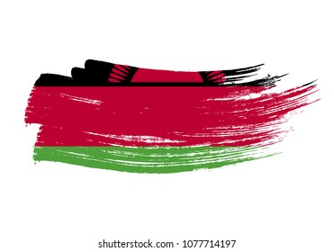 Grunge brush stroke with Malawi national flag. Watercolor painting flag of Malawi. Symbol, poster, banne of the national flag. Style watercolor drawing. Vector Isolated on white background.