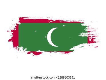 Grunge brush stroke with Maldives national flag. Watercolor painting flag. Symbol, poster, banner. Vector Isolated on white background.