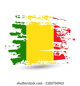 Grunge brush stroke with Mali national flag. Style watercolor drawing. Vector isolated on white background.