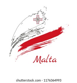 Grunge brush stroke with MALTA national flag. Watercolor painting flag,poster, banner of the national flag. Style watercolor drawing. Vector isolated on transparent background