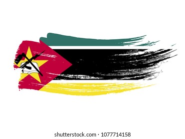 Grunge brush stroke with Mozambique national flag. Watercolor painting flag of Mozambique. Symbol, poster, banne of the national flag. Style watercolor drawing. Vector Isolated on white background.