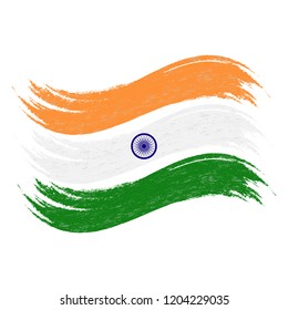 Grunge Brush Stroke With National Flag Of India Isolated On A White Background. Vector Illustration. Flag In Grungy Style. Use For Brochures, Printed Materials, Logos, Independence Day