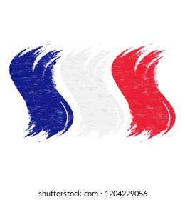 Grunge Brush Stroke With National Flag Of France Isolated On A White Background. Vector Illustration. Flag In Grungy Style. Use For Brochures, Printed Materials, Logos, Independence Day