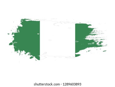 Grunge brush stroke with Nigeria national flag. Watercolor painting flag. Symbol, poster, banner. Vector Isolated on white background.