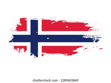 Grunge brush stroke with Norway national flag. Watercolor painting flag. Symbol, poster, banner. Vector Isolated on white background.