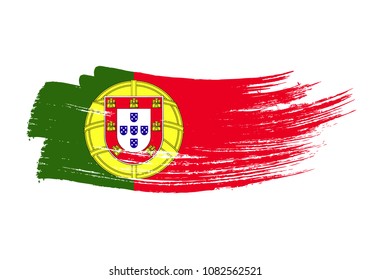 Grunge brush stroke with Portugal national flag. Watercolor painting flag of Portugal. Symbol, poster, banne of the national flag. Style watercolor drawing. Vector Isolated on white background.