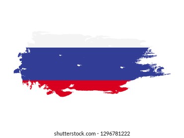 Grunge brush stroke with Russia national flag. Watercolor painting flag. Symbol, poster, banner. Vector Isolated on white background.