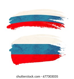 Grunge brush stroke with Russia national flag isolated on white
