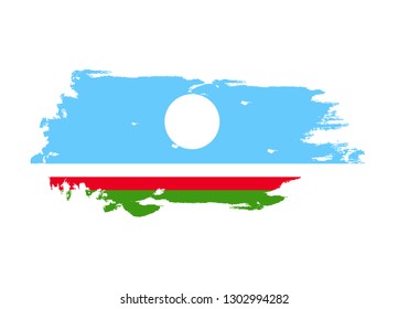 Grunge brush stroke with Sakha Republic national flag. Watercolor painting flag. Symbol, poster, banner. Vector Isolated on white background.