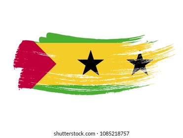 Grunge brush stroke with Sao Tome and Principe national flag. Watercolor painting flag of Sao Tome and Principe. Symbol, poster, banne of the national flag. Style watercolor drawing. Vector Isolated