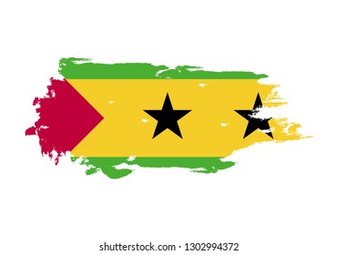 Grunge brush stroke with Sao Tome and Principe national flag. Watercolor painting flag. Symbol, poster, banner. Vector Isolated on white background.