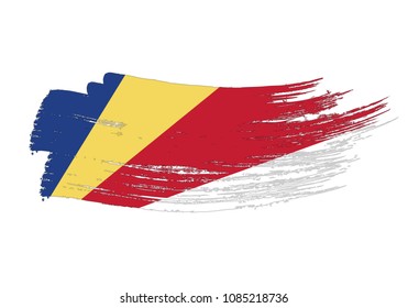 Grunge brush stroke with Seychelles national flag. Watercolor painting flag of Seychelles. Symbol, poster, banne of the national flag. Style watercolor drawing. Vector Isolated on white background.