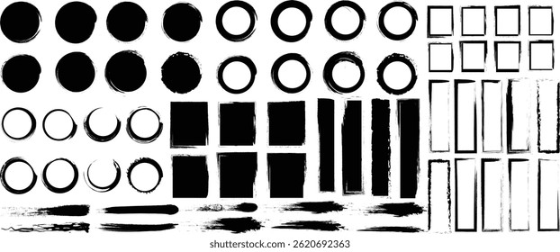 Grunge Brush Stroke Shape Set - Círculos dibujados a mano, cuadrados, pincel de pintura, rectángulos, marco y texturas de tinta para el diseño