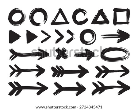 Grunge brush stroke shapes and arrows. Hand drawn circles, triangles, squares, and direction pointers.