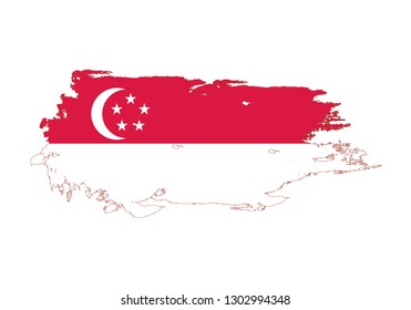 Grunge brush stroke with Singapore national flag. Watercolor painting flag. Symbol, poster, banner. Vector Isolated on white background.