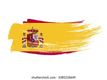 Grunge brush stroke with Spain national flag. Watercolor painting flag of Spain. Symbol, poster, banne of the national flag. Style watercolor drawing. Vector Isolated on white background.