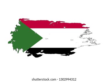 Grunge brush stroke with Sudan national flag. Watercolor painting flag. Symbol, poster, banner. Vector Isolated on white background.