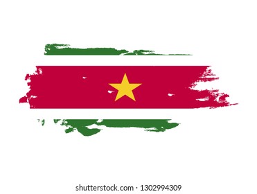 Grunge brush stroke with Suriname national flag. Watercolor painting flag. Symbol, poster, banner. Vector Isolated on white background.