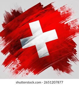 Grunge brush stroke with Swiss flag, red background, Swiss National Day card design, patriotic vector illustration.









