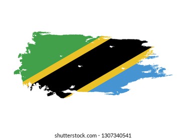 Grunge brush stroke with Tanzania national flag. Watercolor painting flag. Symbol, poster, banner. Vector Isolated on white background.