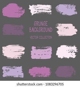 Grunge brush stroke texture backgrounds vector collection, set of paint dabs, splashes design. Brushstroke rough painted elements, splats, stains. Violet tag or label watercolor splash backgrounds.