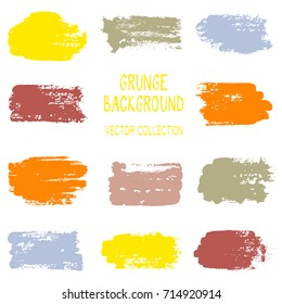 Grunge brush stroke texture backgrounds vector collection, set of paint dabs, splashes design. Brushstroke rough painted elements, splats, stains. Banner, tag or label watercolor splash backgrounds.