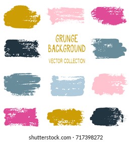 Grunge brush stroke texture backgrounds vector collection, set of paint dabs, splashes design. Brushstroke rough painted elements, splats, stains. Banner, tag or label watercolor splash backgrounds.