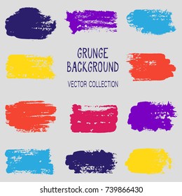 Grunge brush stroke texture backgrounds vector collection, set of paint dabs, splashes design. Brushstroke rough painted elements, splats, stains. Banner, tag or label watercolor splash backgrounds.