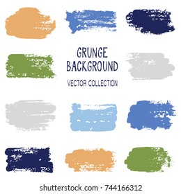Grunge brush stroke texture backgrounds vector collection, set of paint dabs, splashes design. Brushstroke rough painted elements, splats, stains. Banner, tag or label watercolor splash backgrounds.