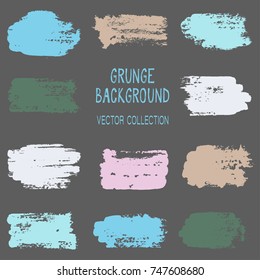 Grunge brush stroke texture backgrounds vector collection, set of paint dabs, splashes design. Brushstroke rough painted elements, splats, stains. Banner, tag or label watercolor splash backgrounds.
