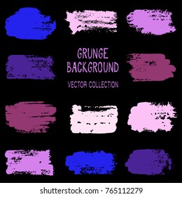 Grunge brush stroke texture backgrounds vector collection, set of paint dabs, splashes design. Brushstroke rough painted elements, splats, stains. Banner, tag or label blue and violet backgrounds.