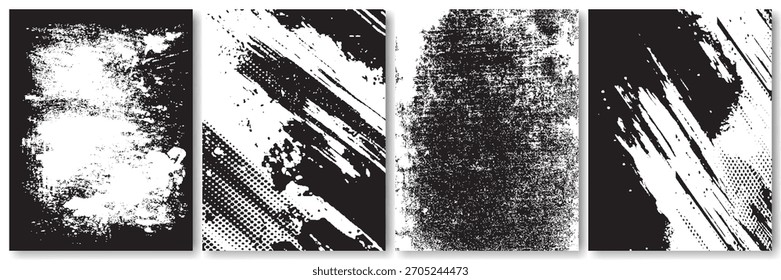 Grunge Brush Stroke Texture Set, Manchas de tinta diagonal negrito com Splatter para design abstrato