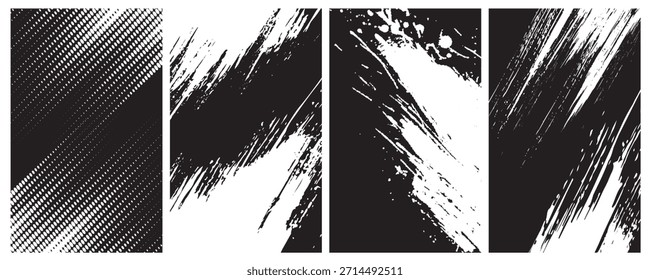 Grunge Brush Stroke Texture Set, Manchas de tinta diagonal negrito com Splatter para design abstrato