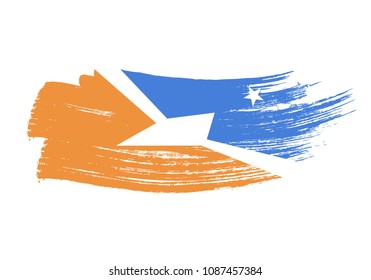 Grunge brush stroke with Tierra del Fuego Province national flag. Watercolor painting flag of Tierra del Fuego Province. Symbol, poster, banner of the national flag. Style watercolor drawing. Vector.