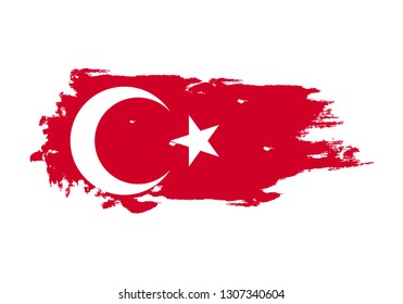 Grunge brush stroke with turkey national flag. Watercolor painting flag. Symbol, poster, banner. Vector Isolated on white background.