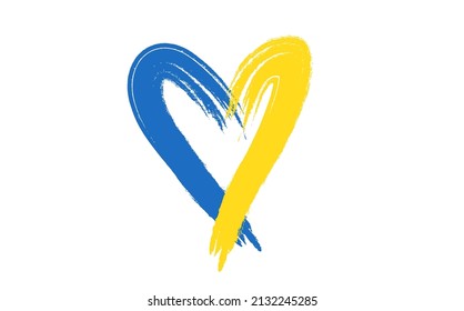 Grunge brush stroke with Ukraine national flag, Heart shape icon with colors of Ukrainian flag. Symbol, poster, banner of crisis in Ukraine concept. Vector Isolated on white background