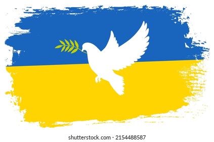 Grunge brush stroke with Ukraine national flag and dove peace. Watercolor painting Ukrainian flag. Symbol, poster, banner or t-shirt design. Vector Isolated on white background