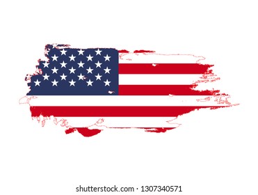 Grunge brush stroke with United States national flag. Watercolor painting flag. Symbol, poster, banner. Vector Isolated on white background.