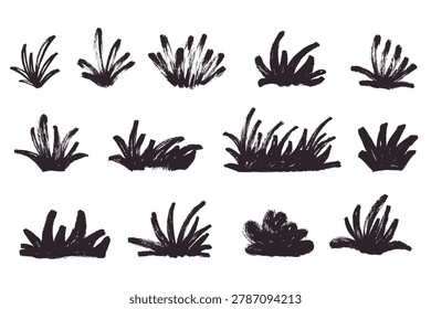 Grunge Brush Stroke Vector Artistic Bushes Set. Hand painted black ink grass tuffs and botanical landscape elements for creative poster, book cover and banners.