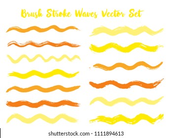 Grunge brush stroke waves vector set. Hand drawn orange brushstrokes, ink splashes, watercolor splats, hand painted curls. Vector ink traces, color combinations. Textured waves, stripes design.