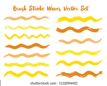 Grunge brush stroke waves vector set. Hand drawn orange brushstrokes, ink splashes, watercolor splats, hand painted curls. Vector ink traces, color combinations. Summer design paint brush curves.