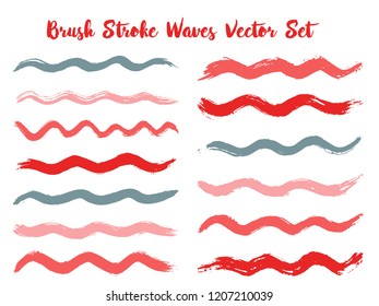 Grunge brush stroke waves vector set. Hand drawn red teal brushstrokes, ink splashes, watercolor splats, hand painted curls. Interior paint color palette elements. Wavy stripes vector set.
