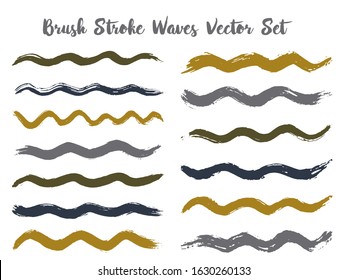 Grunge brush stroke waves vector set. Hand drawn grey brown brushstrokes, ink splashes, watercolor splats, hand painted curls. Interior colors scheme elements. Summer design paint brush curves.