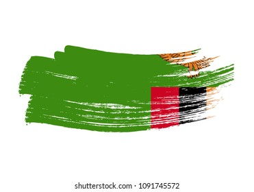 Grunge brush stroke with Zambia national flag. Watercolor painting flag of Zambia. Symbol, poster, banne of the national flag. Style watercolor drawing. Vector Isolated on white background.