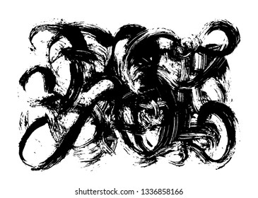 Grunge brush strokes abstract curve background. Freehand drawing poster. Vector. Illustration. Isolated on white background.