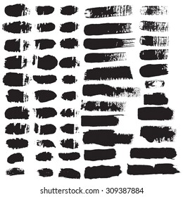 Grunge brush strokes backgrounds set, rectangle and square collection. Distress texture, isolated  black on white. Used as banners, labels, for text, badges, frames templates. Bristles, scrubbing.