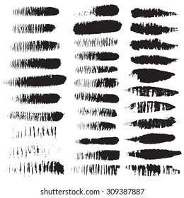Grunge brush strokes backgrounds set, rectangle and square collection. Distress texture, isolated  black on white. Used as banners, labels, for text, badges, frames templates. Bristles, scrubbing.