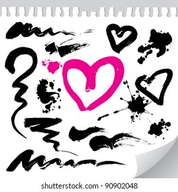 grunge brush strokes, blots, hand drawn hearts