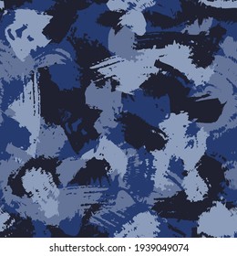 Grunge Brush Strokes  Camouflage, Modern Fashion Design. Paint Camo Military Pattern. Army Uniform. Blue Sea Shade Color, Fashionable, Fabric. Vector Seamless Texture.