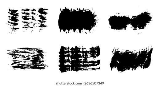 Grunge brush strokes in distressed ink texture and bold rectangle shapes. Monochrome paint splatter elements with rough edge and dry brush effect. Vector illustration.
